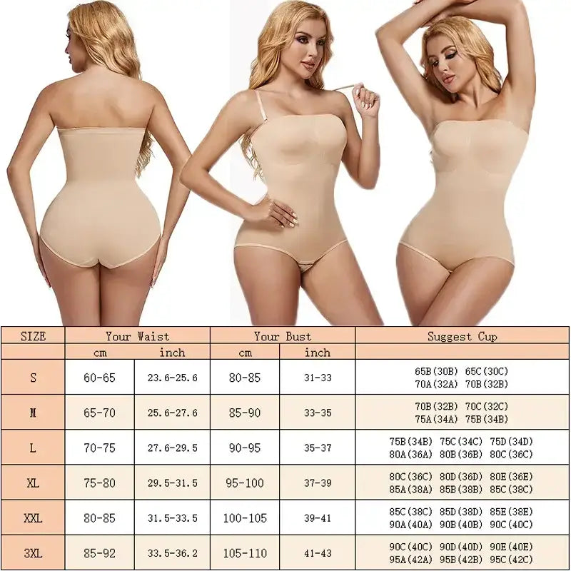 Nude strapless shapewear bodysuit shown from front, back, and side views with size chart