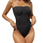 Black strapless thong bodysuit for women with seamless design and fitted silhouette
