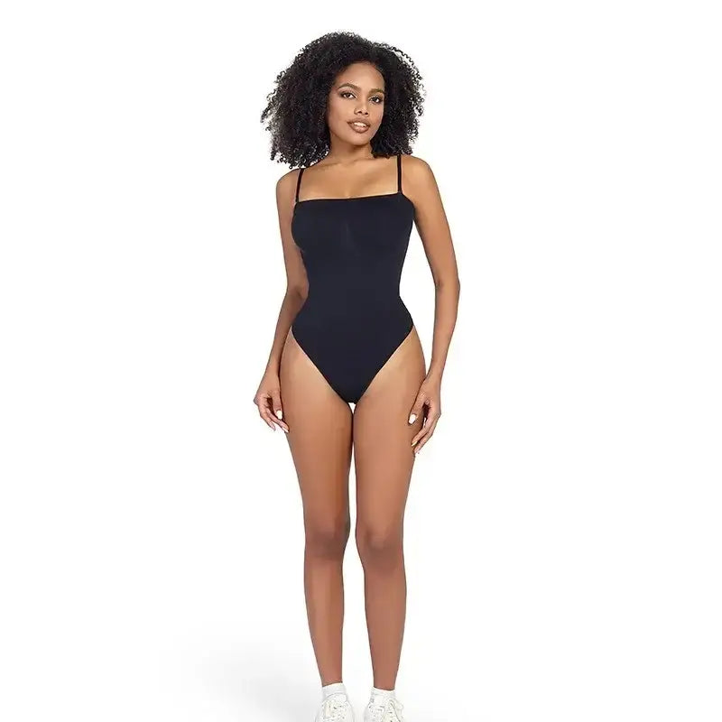 Black strapless thong bodysuit for women with a square neckline and fitted design