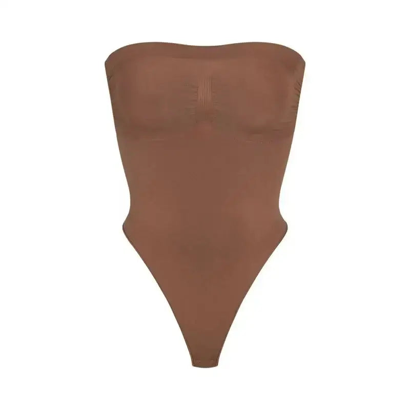Brown strapless thong bodysuit for women with seamless design and soft fabric from The Lady's Haven Boutique