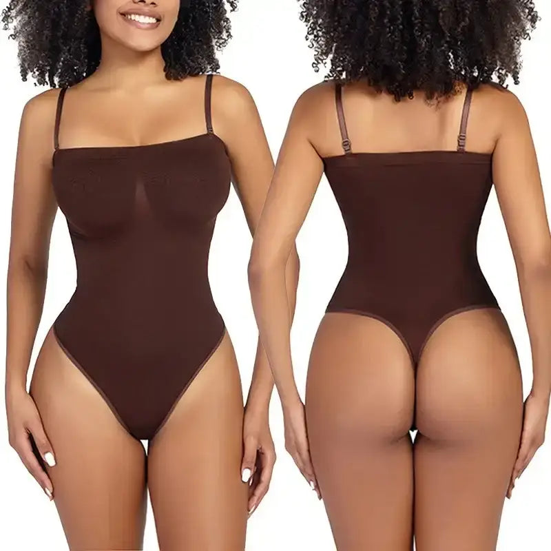Brown strapless thong bodysuit for women with adjustable straps shown from front and back