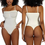 The Lady's Haven Boutique strapless thong bodysuit for women in white shown from front and back