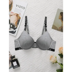 Striped adjustable push up bra in gray with black LOVE printed straps from The Lady's Haven Boutique