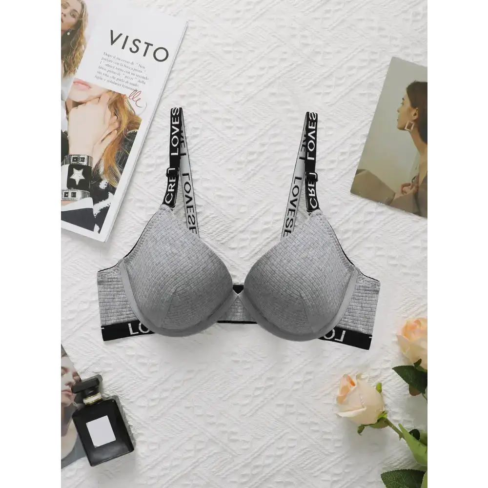 Striped adjustable push up bra in gray with black LOVE printed straps from The Lady's Haven Boutique