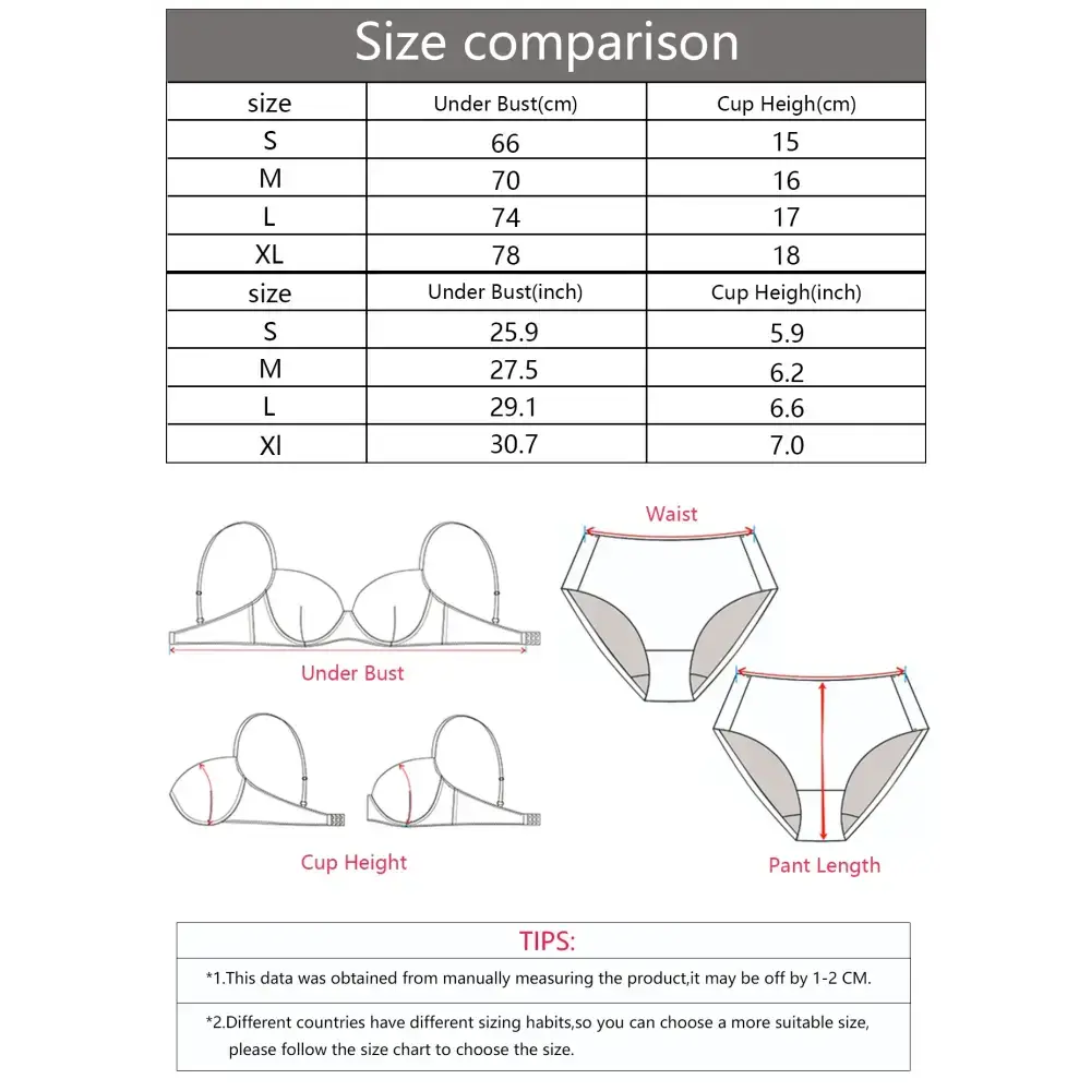 Size chart and measurement guide for striped adjustable push up bra showing under bust and cup height in cm and inches