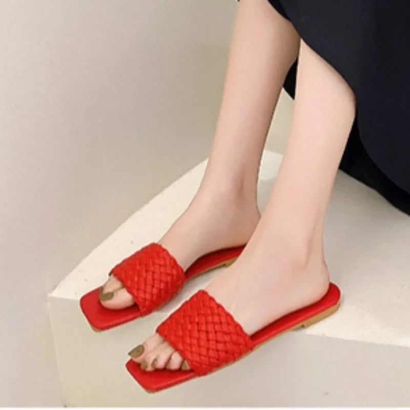Red woven strap summer casual flip flops with square toes from The Lady's Haven Boutique