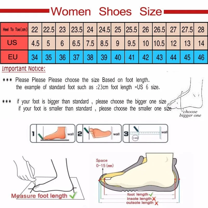 Size chart and foot measurement guide for women shoes with instructions on measuring foot length for summer casual flip flops