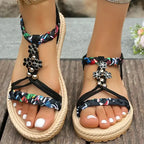 Summer floral flat sandals plus size with black straps and decorative flower beads from The Lady's Haven Boutique