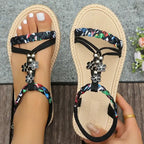 Summer floral flat sandals plus size with braided straps and flower embellishments from The Lady's Haven Boutique