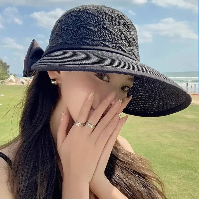 Summer Girls Sun Hats Wide Brim Bowknot Straw Hat with Ribbon Outdoor Sun Protection Women Hats Soild Color Ladies