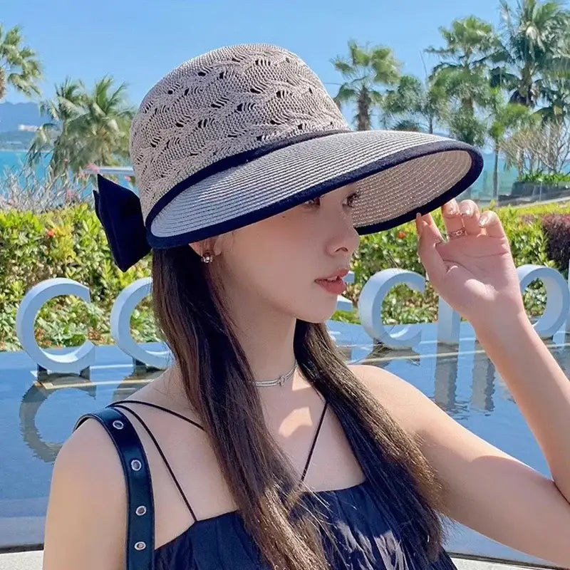 Summer Girls Sun Hats Wide Brim Bowknot Straw Hat with Ribbon Outdoor Sun Protection Women Hats Soild Color Ladies