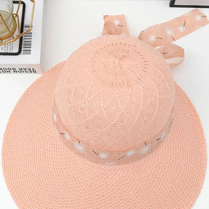 Summer Girls Sun Hats Wide Brim Bowknot Straw Hat with Ribbon Outdoor Sun Protection Women Hats Soild Color Ladies