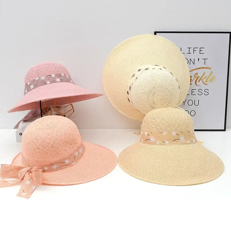 Summer Girls Sun Hats Wide Brim Bowknot Straw Hat with Ribbon Outdoor Sun Protection Women Hats Soild Color Ladies