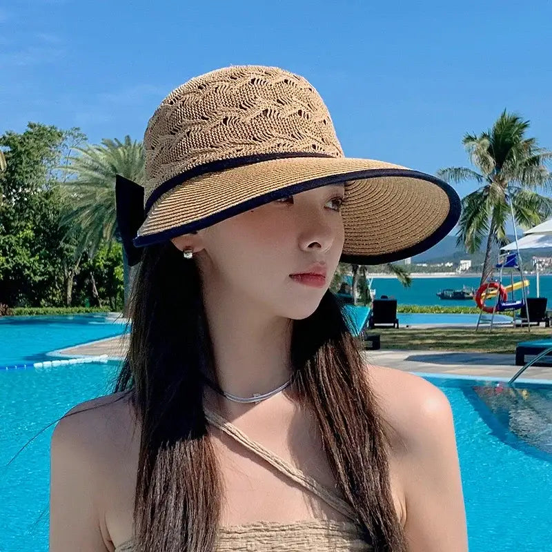 Summer Girls Sun Hats Wide Brim Bowknot Straw Hat with Ribbon Outdoor Sun Protection Women Hats Soild Color Ladies