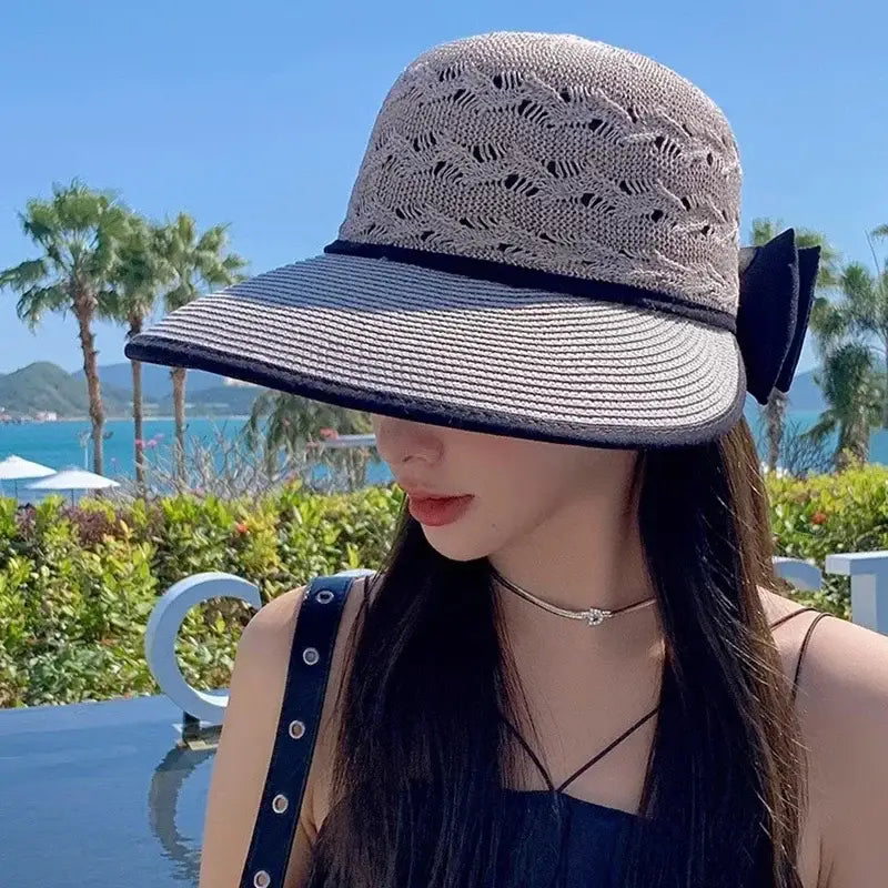 Summer Girls Sun Hats Wide Brim Bowknot Straw Hat with Ribbon Outdoor Sun Protection Women Hats Soild Color Ladies