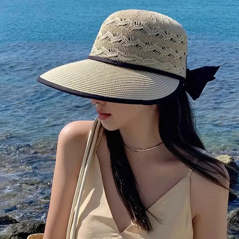 Summer Girls Sun Hats Wide Brim Bowknot Straw Hat with Ribbon Outdoor Sun Protection Women Hats Soild Color Ladies