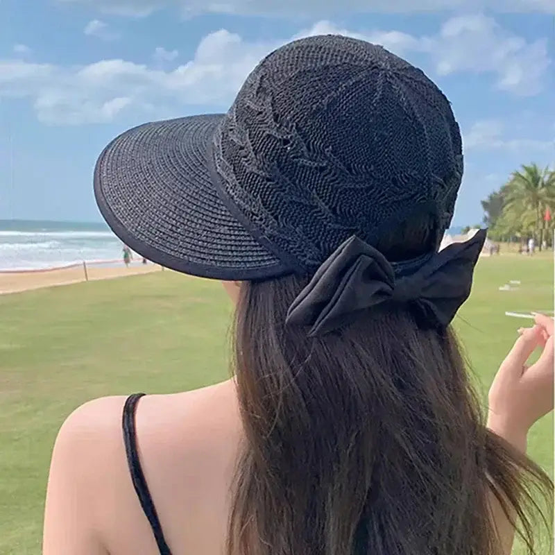 Summer Girls Sun Hats Wide Brim Bowknot Straw Hat with Ribbon Outdoor Sun Protection Women Hats Soild Color Ladies