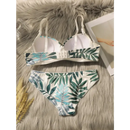 Summer leaf print lingerie set with green and blue leaf patterns on a white background