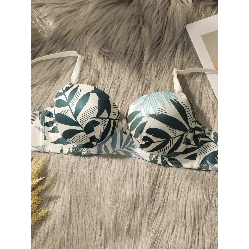 The Lady's Haven Boutique summer leaf print lingerie set bra with green and blue leaf patterns on white background