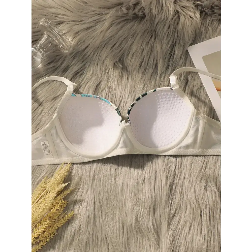 The Lady's Haven Boutique summer leaf print lingerie set white bra with adjustable straps on soft fur