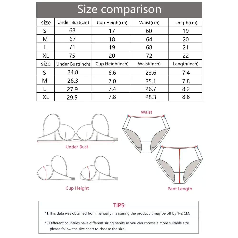 Size chart and measurement guide for summer leaf print lingerie set showing bust, cup height, waist, and length dimensions
