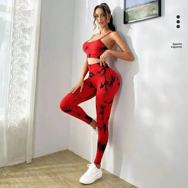 Stylish Tie Dye Yoga Women's Tracksuit Fitness Yoga Sets with seamless sports bra and high waist leggings for workouts.