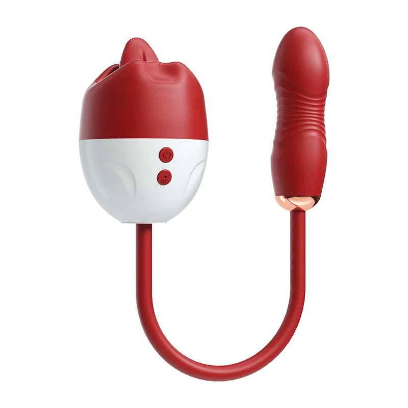 Tongue-Licking Thrusting Dual Vibrator in red with flexible design and control buttons for enhanced pleasure