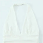White off shoulder halter mini dress top from The Lady's Haven Boutique with deep V neckline