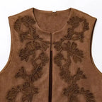 Brown suede spring summer cropped vest with intricate floral embroidery from The Lady's Haven Boutique