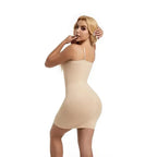 Beige tummy control body shaper for women worn by model showing back and side profile
