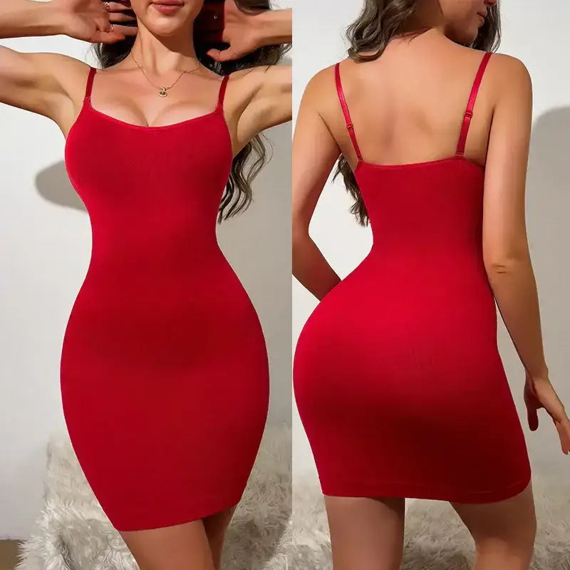 Red tummy control body shaper for women with adjustable straps shown from front and back