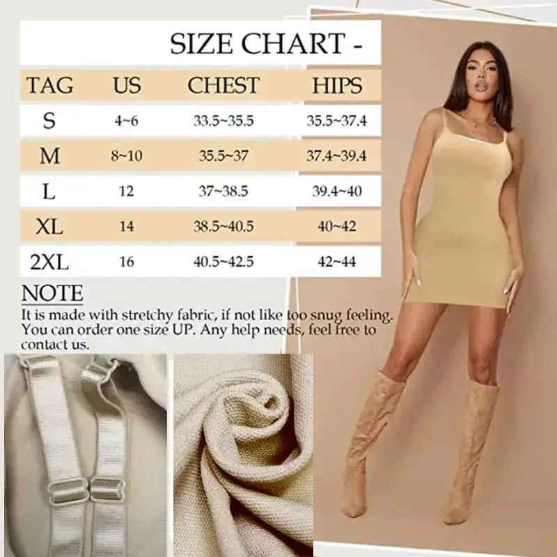 Tummy control body shaper for women size chart with adjustable straps, fabric details, and model wearing beige body shaper dress