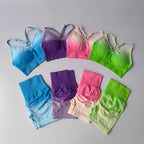 Colorful two piece athletic wear set for women featuring various styles of sports bras and matching shorts