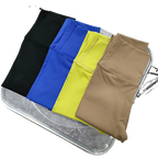 Colorful two piece workout clothing for women displayed in black, blue, yellow, and brown options
