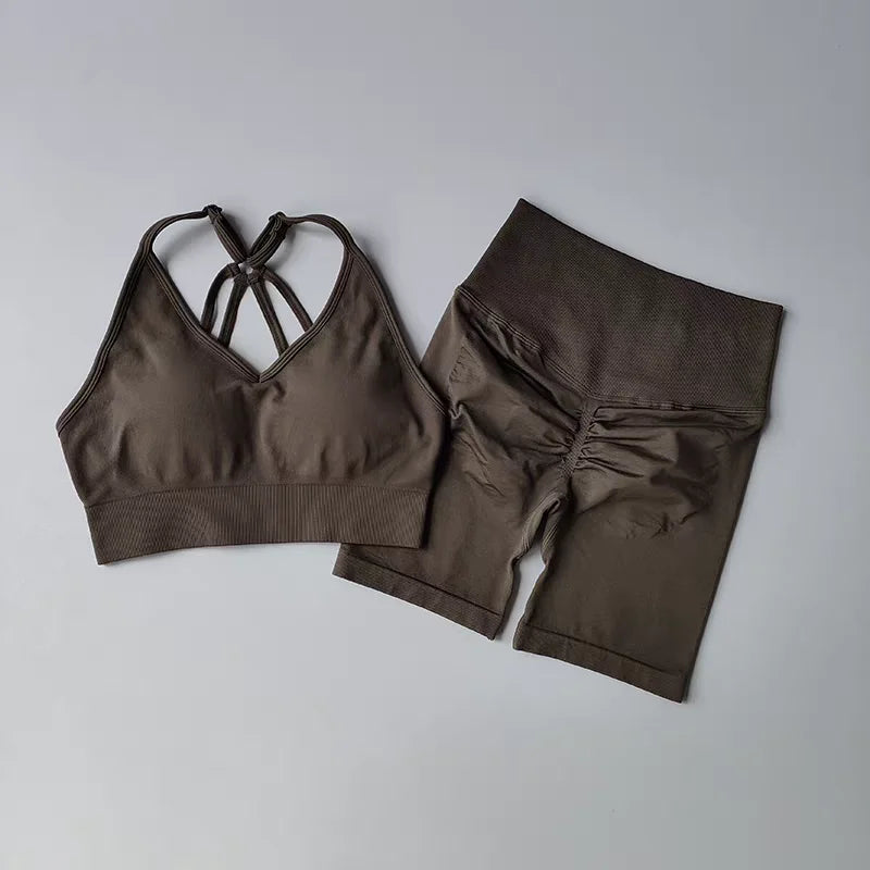 Brown two piece workout outfits featuring a stylish sports bra and matching high-waisted shorts