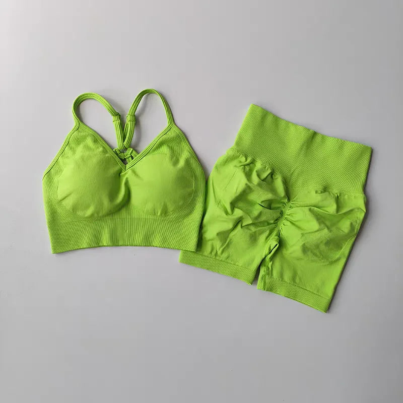 Bright green two piece workout outfits with adjustable straps and stylish design for activewear