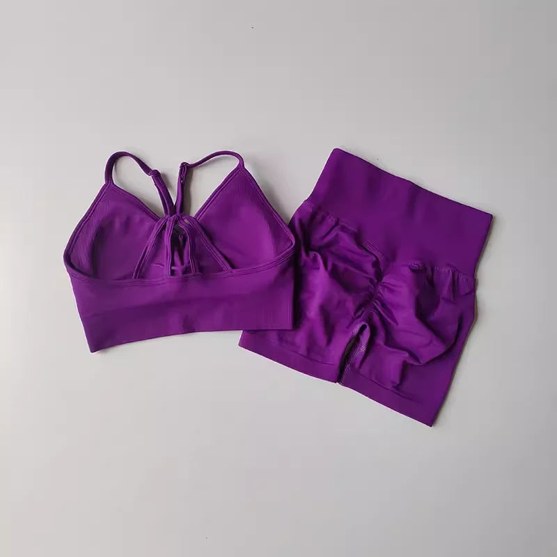 Purple two piece workout outfits featuring a stylish sports bra and matching high-waisted shorts