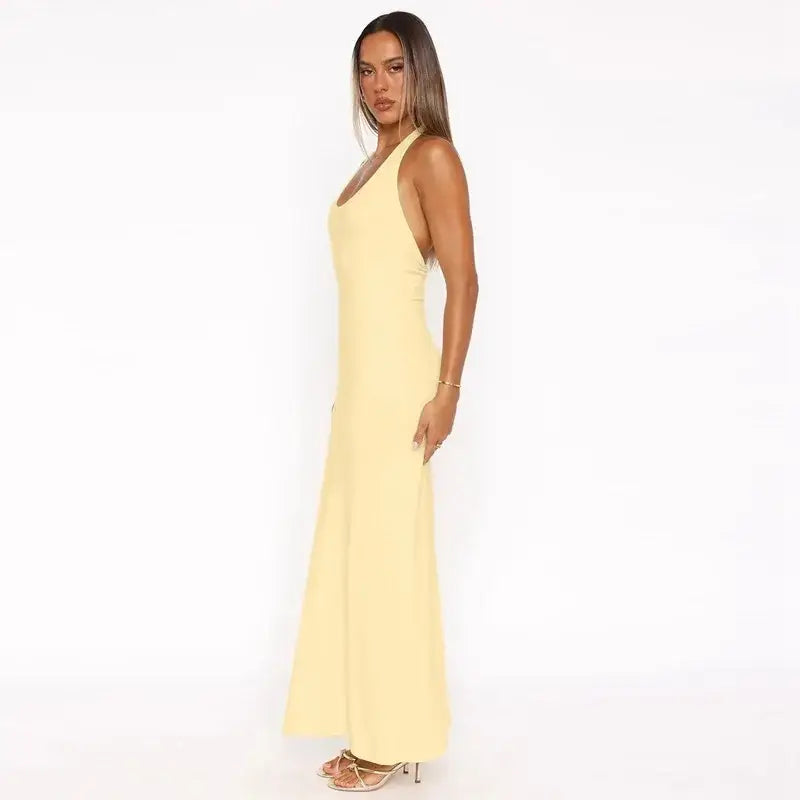 Mozision Halter Backless Sexy Maxi Dress Women Gown Summer New Solid U Neck Sleeveless High Waist Long Dress Elegant