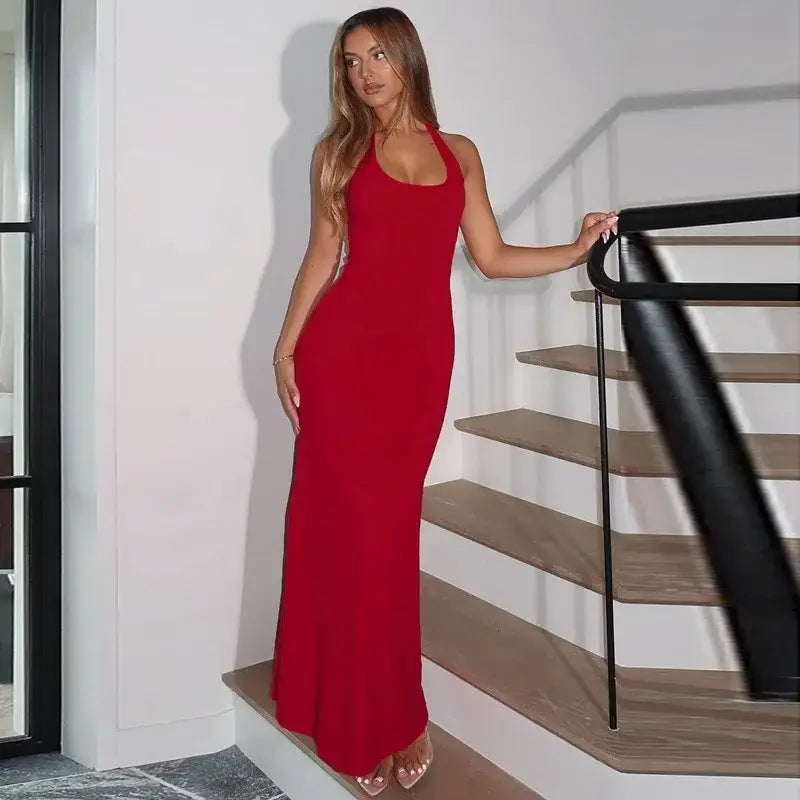 Mozision Halter Backless Sexy Maxi Dress Women Gown Summer New Solid U Neck Sleeveless High Waist Long Dress Elegant
