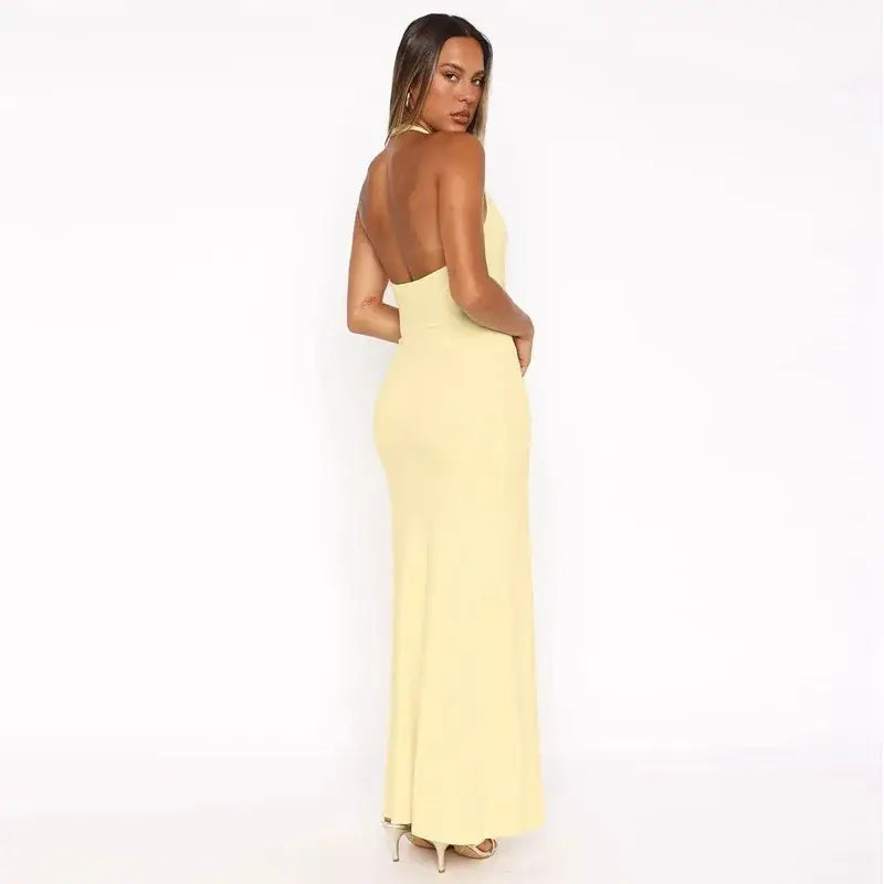 Mozision Halter Backless Sexy Maxi Dress Women Gown Summer New Solid U Neck Sleeveless High Waist Long Dress Elegant