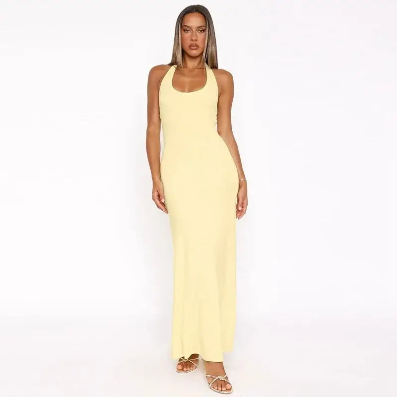 Mozision Halter Backless Sexy Maxi Dress Women Gown Summer New Solid U Neck Sleeveless High Waist Long Dress Elegant