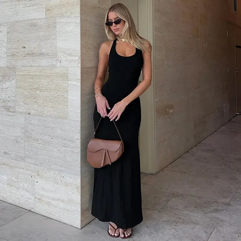 Mozision Halter Backless Sexy Maxi Dress Women Gown Summer New Solid U Neck Sleeveless High Waist Long Dress Elegant