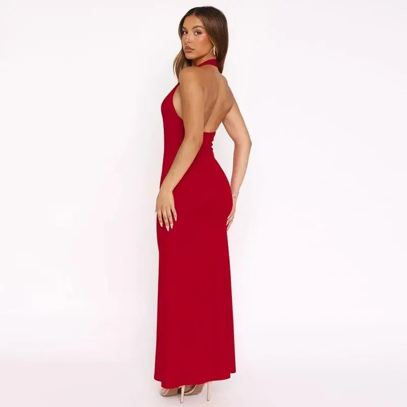 Mozision Halter Backless Sexy Maxi Dress Women Gown Summer New Solid U Neck Sleeveless High Waist Long Dress Elegant