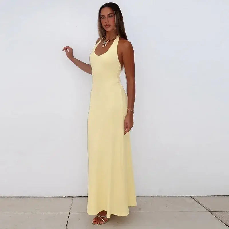 Mozision Halter Backless Sexy Maxi Dress Women Gown Summer New Solid U Neck Sleeveless High Waist Long Dress Elegant