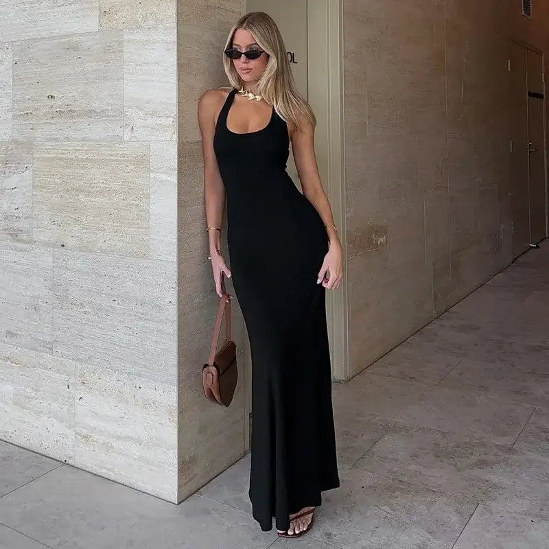 Mozision Halter Backless Sexy Maxi Dress Women Gown Summer New Solid U Neck Sleeveless High Waist Long Dress Elegant