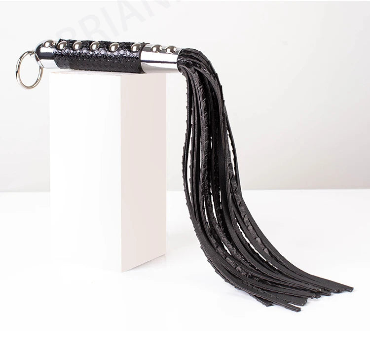 The Ladys Haven Boutique couple punishment BDSM whip black leather flogger with studded metal handle and ring