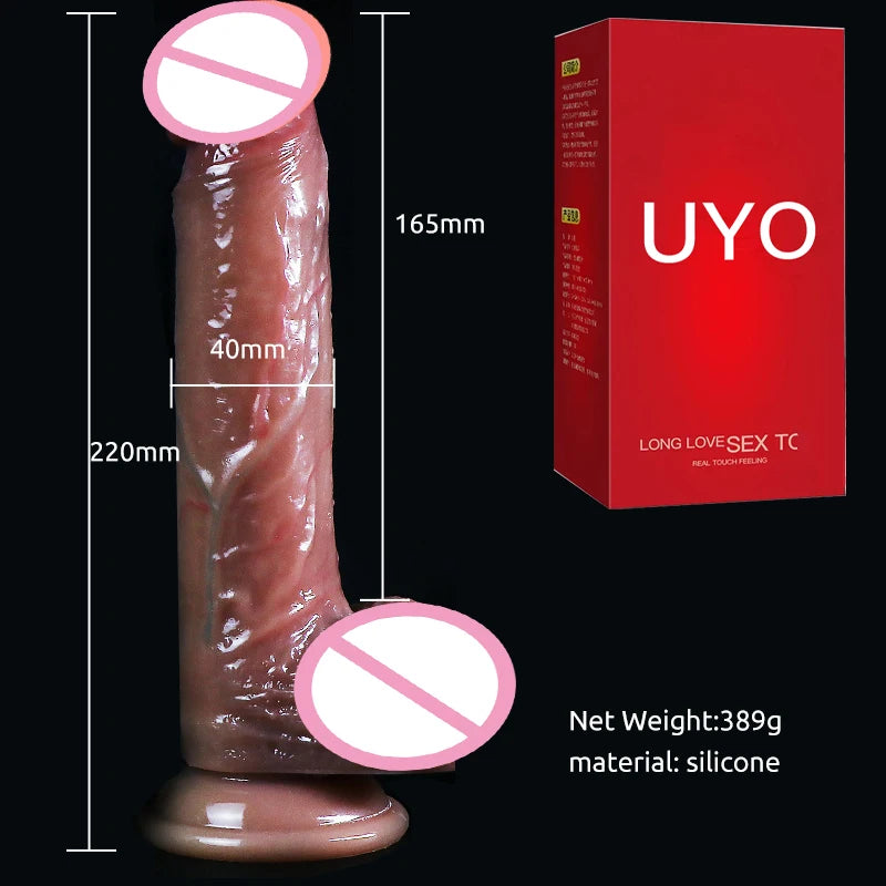Realistic Silicone Suction Cup Dildo with detailed texture, 220mm long for enhanced pleasure and stability