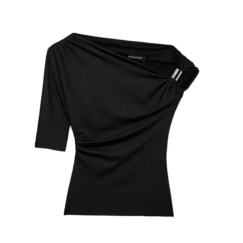 Black one-shoulder top with three-quarter sleeve and buckle detail spring fashion tops for ladies