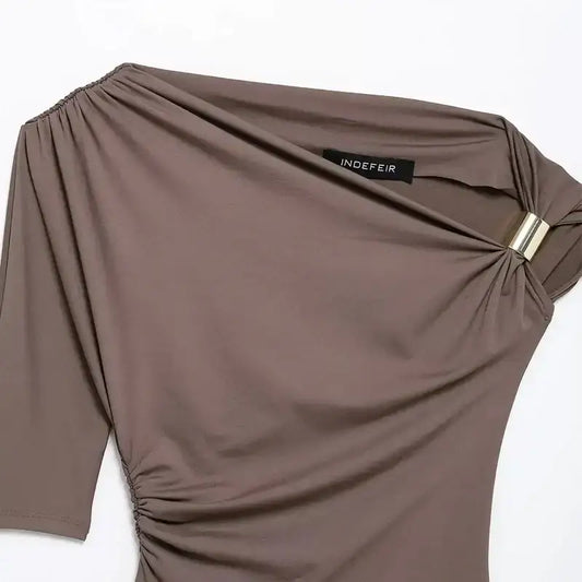 Taupe one-shoulder spring fashion tops for ladies with ruched detailing and gold accent ring