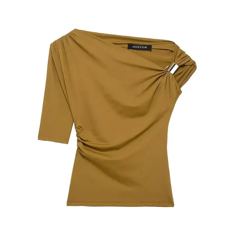 Olive green one-shoulder top with sleeve and buckle detail spring fashion tops for ladies